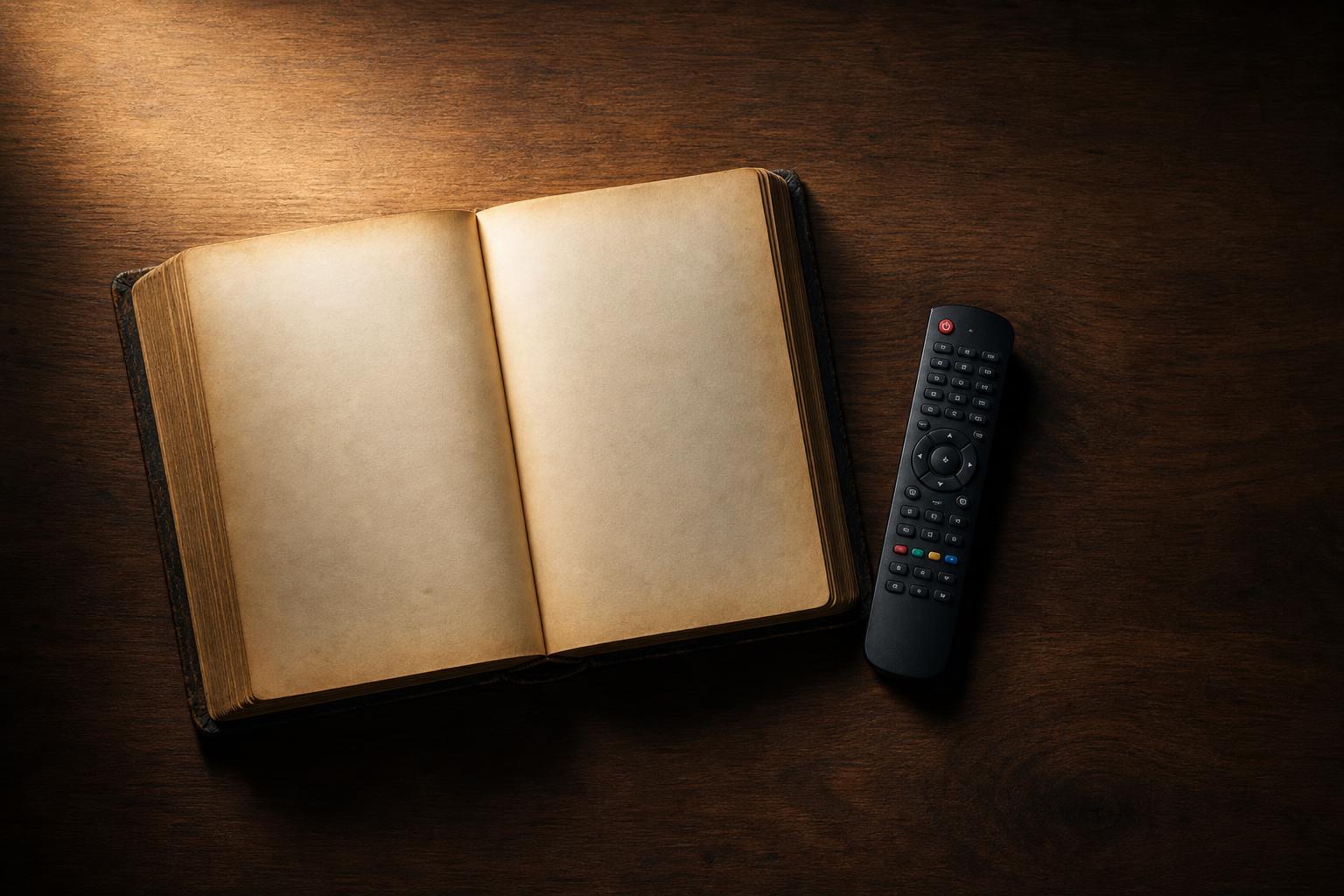 Livro de direito aberto ao lado de um controle remoto sobre mesa de madeira