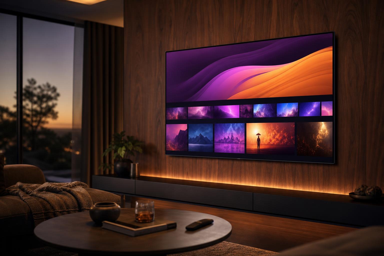 Smart TV moderna em sala aconchegante exibindo interface colorida de streaming