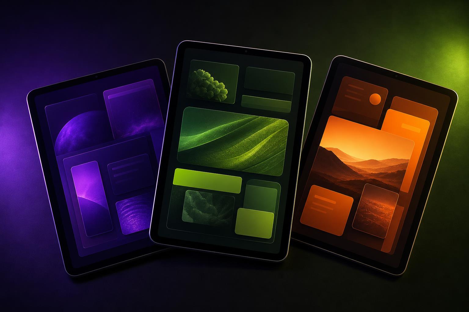 Três tablets com interfaces coloridas dispostos em leque sobre fundo escuro